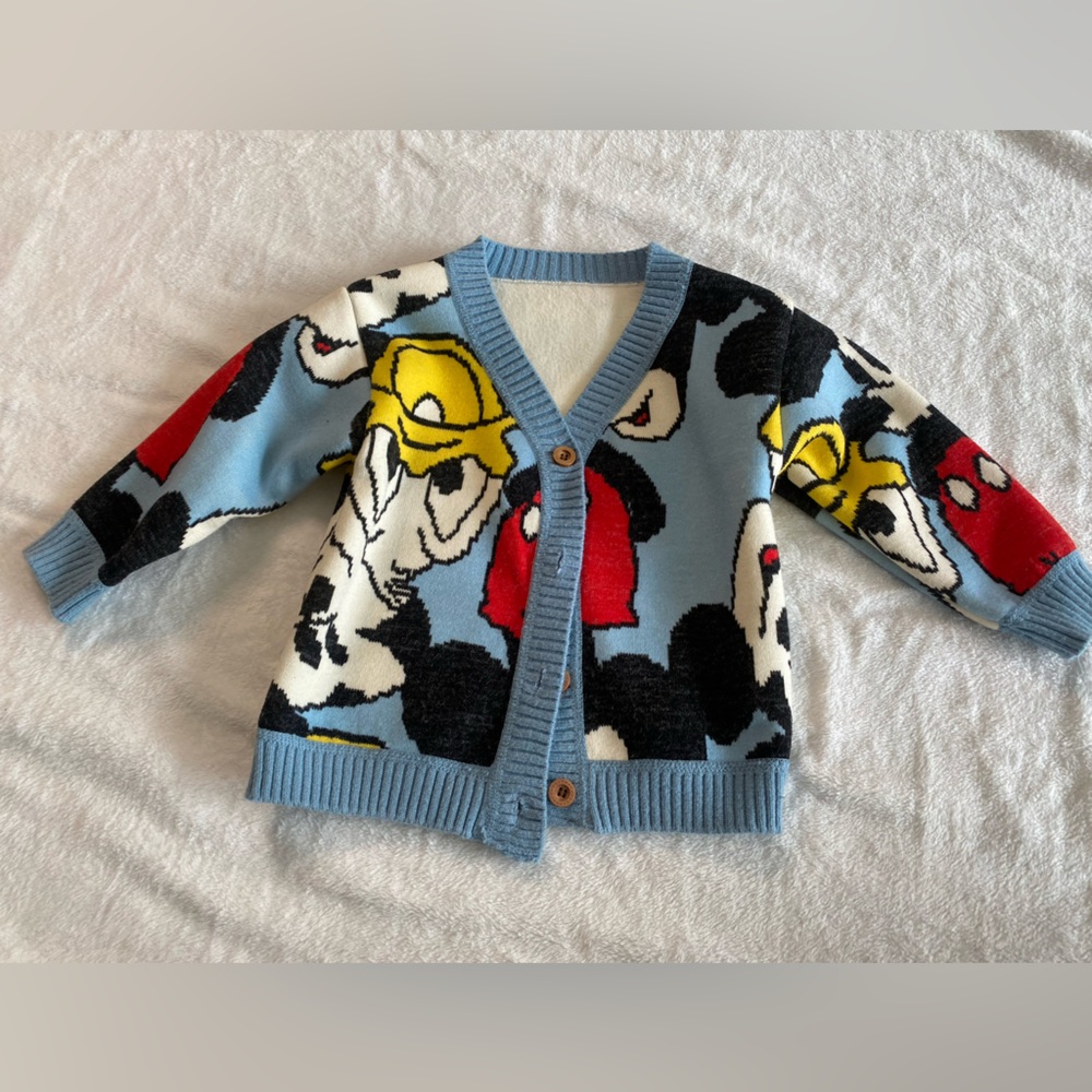 Kids Cartoon Patterned Cardigan - Blue, Red, Yellow: Mickey and Donald Duck